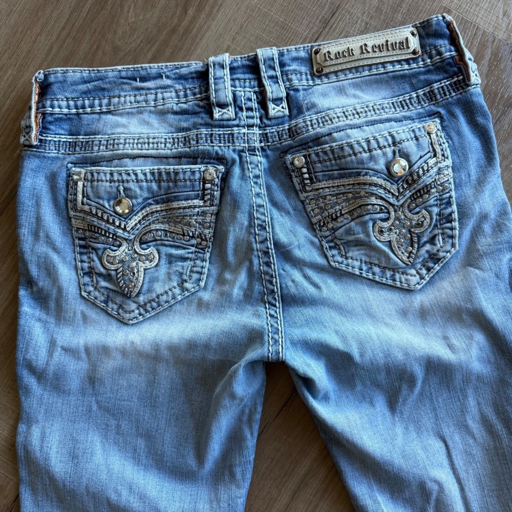 Rock Revival Leni Skinny Jeans Women 30 Light Wash Fleur De Lis Crystal Denim